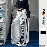 [K-2] American Casual Graffiti Letter Straight Wide Pants Retro Trousers Line Wide-Leg Straight-Leg 