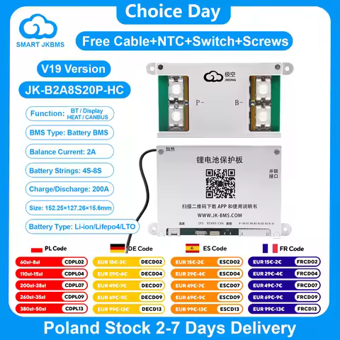 JK BMS B2A8S20P Smart BMS 4S 5S 6S 8S 1A 2A Active Balance BMS Heat CAN RS485 BT for LiFePo4 Li-ion 