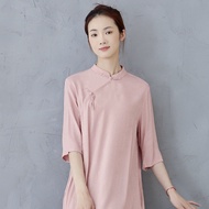 Guyunduo Cheongsam Banquet Short Sleeve Elegant Daily New Chinese Style Retro Frog Button Brand Dress Lotus Root Pink Soft Glutinous Thin