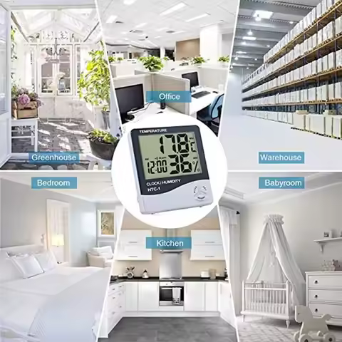 HTC-1 LCD Electronic Thermohygrometer, Weather Station With Clock Electronic Digital Temperature Hum