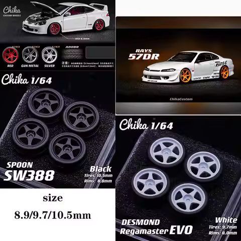 Car Modified Wheel Hub 1/64 Chika Rays 57DR/RW006/EVO 8.9/9.7/10.5mm Cars Rubber Tires Resin Wheels 