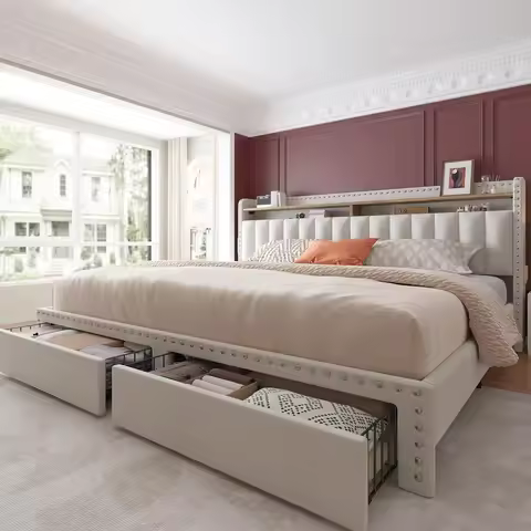 King Size Bed Frame with Storage and Headboard, Upholstered King Bed Frame with Storage, King Bed Fr
