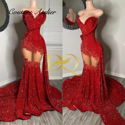 See Thru Red Velvet Sequin Crystal Prom Dress Luxury Black Girls Mermaid Cocktail Dresses Wedding Dr