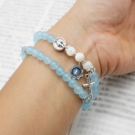 Miraculous Light Blue Chalcedony Bracelet Elastic Rosary Italy Imported Beads Italy Camino Bracelet 
