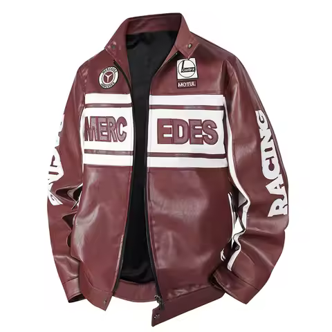 Mercedes Benz thick racing suit cool jacket PU leather jacket thin velvet high street motorcycle clo