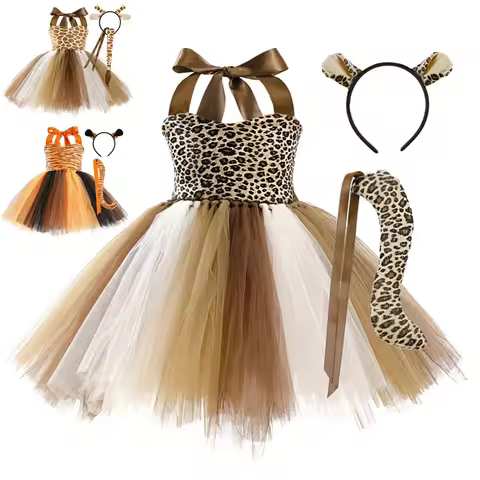 Giraffe Tiger Leopard Costume for Girls Halloween Animal Dress Up Clothes Outfit Kids Carnival Jungl
