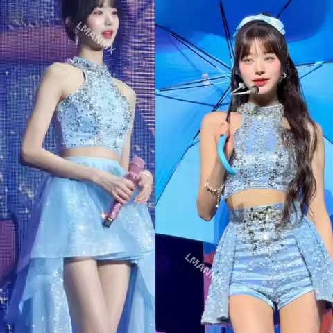 Korean Women Group Kpop Concert Costume Stage Dance Shiny Halter Vest Crop Tops Slim Shorts Skirt Ja