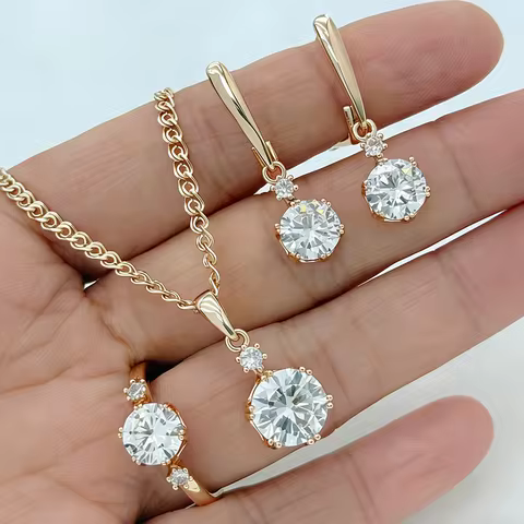 Kinel Hot Shiny White Natural Zircon Jewelry Sets for Women Fashion 585 Rose Gold Color Ring Earring