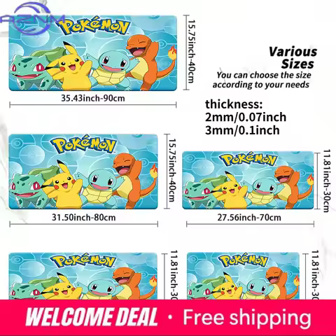 Blue Pokeball Pattern Pokemon Starters & Pikachu TCG Playmat Non-Slip Gaming Mouse Pad