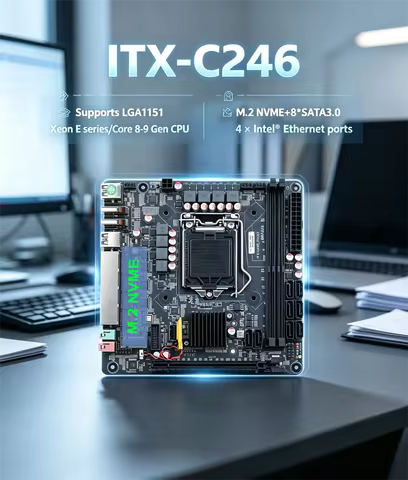 8-Bays C246 Vpro NAS Motherboard 8 SATA 4*LAN Ports 2*DDR4 Slot 3*M.2 With PCIE X16 Slot Support E-2