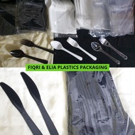 DISPOSABLE PLASTIC CUTLERY / SUDU, GARFU, & PISAU PLASTIK [ BLACK, WHITE, CLEAR] (50PCS/PAPAKET) | f