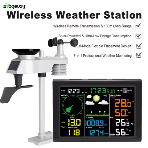 7-in-1 Professional Wireless Weather Station Solar Powered Temperature Humidity Wind Speed Direction