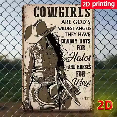 Vintage Cowgirl Tin Sign Western Cowboy Hat Rope Wild West Angel Horse Wings Metal Wall Art Poster R
