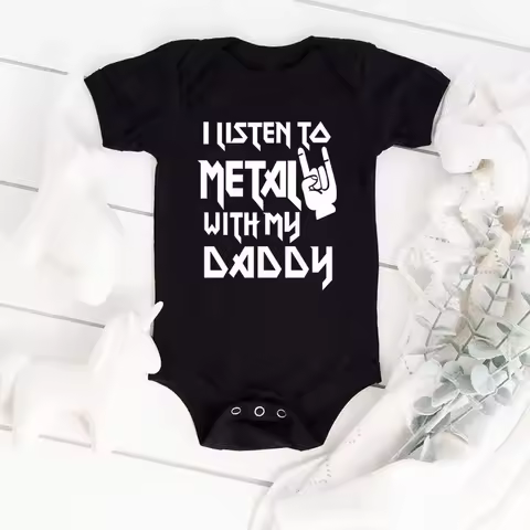 I Listen To Metal With My Daddy Baby Onesie Black Short Sleeve Infant Bodysuit Cool Rock Music Lover