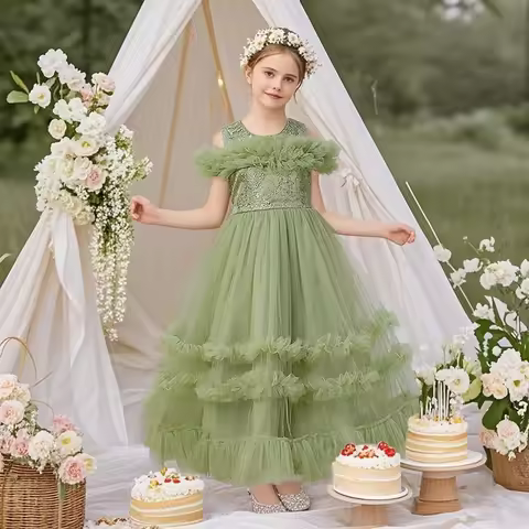 Girls dress princess dress elegant mesh skirt green princess dress suitable for dance performance pi