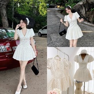 Polka Dot Dress with Flared Form, Slim Waist, V-Neck, Wrapped Buttons, 1st Class, Flattering Formal 