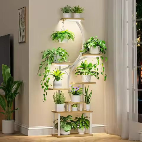 8-Tier Plant Stand with Grow Lights 62" Tall Indoor Shelf for Multiple Plants Metal S-Shaped Flower