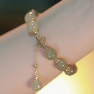 Hetian Jade Beads Bracelet Four-leaf Clover Full Diamond Charm Bangles for Women Lucky Clover Jade Bead Bracelet