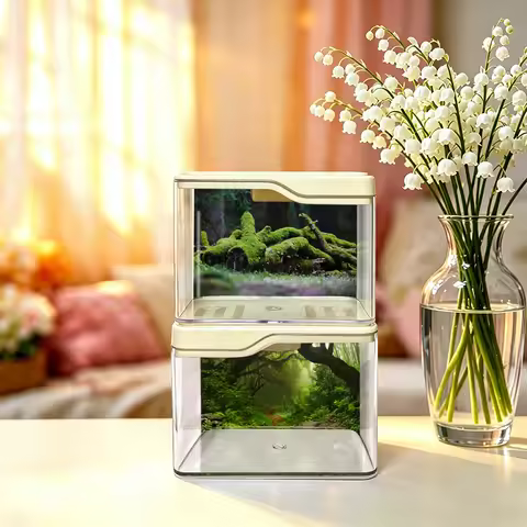 Portable Mini Fish Tank with Lush Moss Stream Forest Background Pattern, Desktop Aquarium, Home & Of