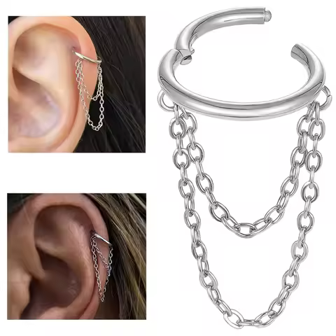 16G Stainless Steel Cartilage Earrings Hoop 8mm Helix Piercing Jewelry with Double Chains Hypoallerg