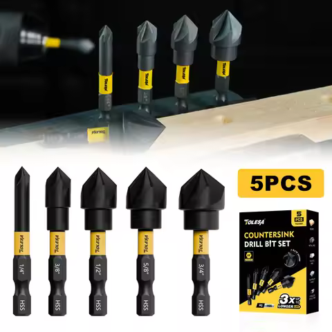 TOLESA 5PCS Countersink Drill Bit Set for Metal, 1/4 Inch Hex Shank Countersunk Bits 82 Degree 5 Flu