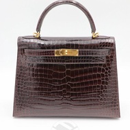 【飛天馬精品】HERMES 愛馬仕－手提包 Kelly 28 Porosus灣鱷 金扣 "H刻"