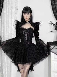 Gothic Lace Witch Shawl Blouse with Flared Sleeves - Black