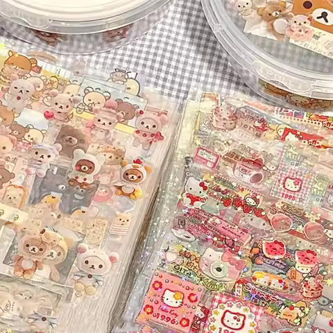 5pcs Hello Kitty Rilakkuma Cartoon Die-cutting Sticker Cute Kitty Cat Flashing Laser Stickers Anime 
