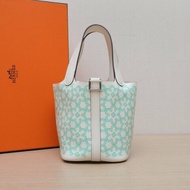 HERMES Picotin14菜籃子綠花I2奶油白Swift皮U刻銀扣肩背包