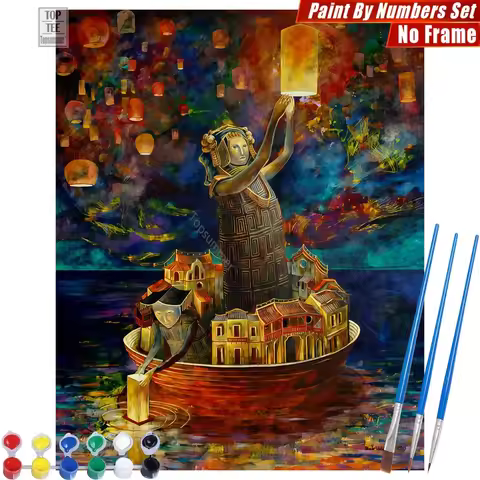 Floating Village Woman DIY Digital Oil Painting Set - Vibrant Dreamy Lanterns Wall Art Home Decor Th