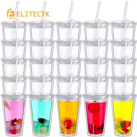 16oz/22oz Clear Insulated Tumbler with Lids and Straw Double Wall Plastic Travel Tumbler Reusable Pl