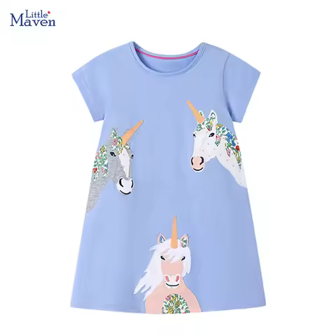 Little maven 2025 Summer Kids Clothes Children's Clothing Baby Girls Cotton Cartoon Unicorns Dresses