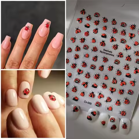 5D Embossed Coccinellidae Nail Art Stickers Self-Adhesive Decals Mix Design Insect Nail Slider Cute 