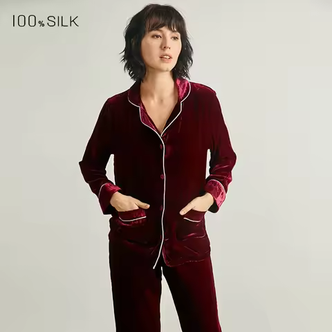Autumn Winter New Women's 100% Mulberry Silk Pajamas Set Thick Velvet Warm Sleepwear Loungewear Outf