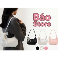 Women's Underarm Bag with Pearl Bow, Cute Mini Korean Shoulder Bag Baguette Shape Women's Handbag Ne