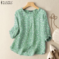 Esolo ZANZEA ผู้หญิงลำลอง3/4แขน Ruffles O-คอเสื้อพิมพ์ลายดอกไม้หลวมเสื้อลำลอง Tops Tee #2