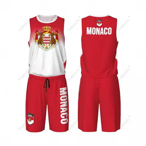 Men Monaco Flag Basketball Jersey Set Mesh Shirt & Pants Sleeveless