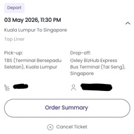 Letting go Bus Ticket from TBS Kuala Lumpur to Oxley BizHub Singapore(Tai Seng) on 3/5/2026, 1130pm
