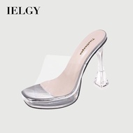 IELGY T Catwalk Slippers 11CM Transparent Crystal Block Heel High Heel Sandals Women's Nightclub Fis