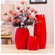 Oval Red Vase Ceramic Vase Three-Piece Hallway Decoration Chinese Red Floor Vase for Festive Wedding