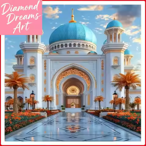 Frameless, 5D Less Diamond Painting Kit Mosque Architecture Design Suitable For Adult Handmade Craft