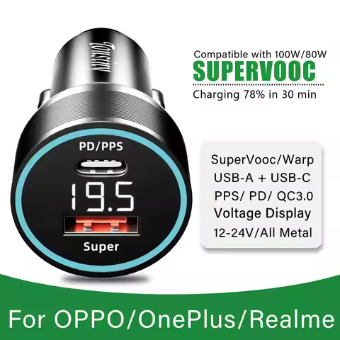For OPPO car charger SuperVooc 100W, Cigarette Lighter plug for OPPO Find X7 Reno8,12V Usb for realm