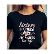 Plus Size - Plus Size - 1pc Women Plus Size Black T-Shirt | Sisters in Christ Are Sisters for Life F