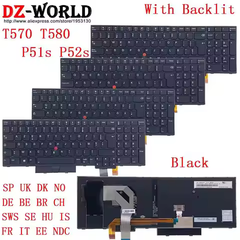 for Lenovo Thinkpad T570 P51S T580 P52S Laptop Backlit Keyboard SP UK DK NO DE BE BR CH SWS SE HU IS