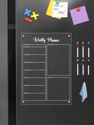 1塊週刊及月刊計畫亞克力磁鐵按鈕白板附6色隨機顏色磁性白板筆和1塊清潔布,適用於學生繪畫,可重複使用的家用便條板,在冰箱上膠鑽痕,可擦除的日曆管理。