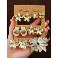 2/12pcs Fashionable Floral & Geometric Metallic Tone Earring Set. Women's Stylish Earring Set. Suita