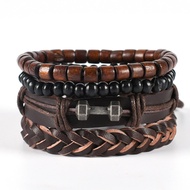 New Style Men's Cowhide Braided Bracelet Alloy Dumbbell Accessories Brown Leather Bracelet