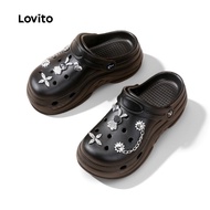 Lovito Cute Flat Sandals Rhinestone Buckle Crocs All Seasons Black Flat Sandals for Women LFA85043 L
