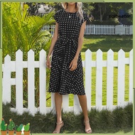 [ST] Women's Polka Dot Midi Dress with Belt - Crewneck, Short Sleeves, Perfect for Summer