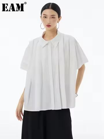 [EAM] Women White Brief Pleated Elegant Big Size Blouse New Lapel Short Sleeve Shirt Fashion Tide Sp